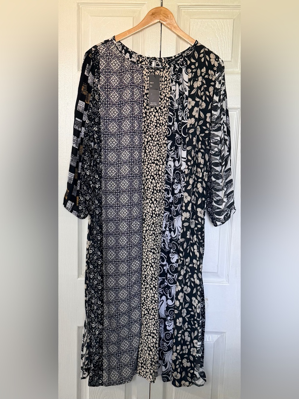 NWT Young Threads Patchwork Print Maxi Dress M Boho Black Cream